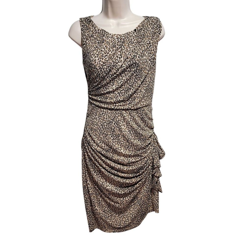 Betsey Johnson Size 2 Leopard Animal Print Ruched Bodycon Dress Ruffle‎ Lined